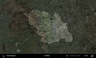 Sheffield. Birleşik Krallık 'ın idari alanı karartılmış bir B uydusu görüntüsüyle vurgulanmış ve özetlenmiştir