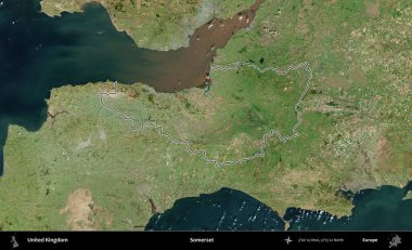 Somerset. Birleşik Krallık 'ın B uydusu görüntülerinde özetlenmiş idari alanı