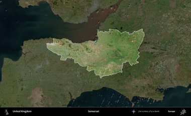 Somerset. Birleşik Krallık 'ın idari alanı karartılmış bir B uydusu görüntüsüyle vurgulanmış ve özetlenmiştir