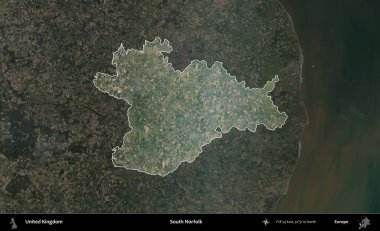 Güney Norfolk. Birleşik Krallık 'ın idari alanı karartılmış bir B uydusu görüntüsüyle vurgulanmış ve özetlenmiştir