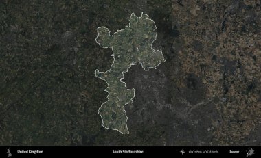 Güney Staffordshire. Birleşik Krallık 'ın idari alanı karartılmış bir B uydusu görüntüsüyle vurgulanmış ve özetlenmiştir