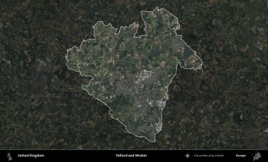 Telford ve Wrekin. Birleşik Krallık 'ın idari alanı karartılmış bir B uydusu görüntüsüyle vurgulanmış ve özetlenmiştir