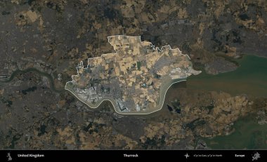 Thurrock. Birleşik Krallık 'ın idari alanı karartılmış bir B uydusu görüntüsüyle vurgulanmış ve özetlenmiştir