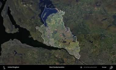 Batı Dunbartonshire. Birleşik Krallık 'ın idari alanı karartılmış bir B uydusu görüntüsüyle vurgulanmış ve özetlenmiştir