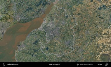 İngiltere 'nin batısında. Birleşik Krallık 'ın B uydusu görüntülerinde özetlenmiş idari alanı