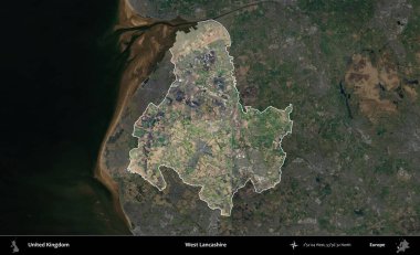 Batı Lancashire. Birleşik Krallık 'ın idari alanı karartılmış bir B uydusu görüntüsüyle vurgulanmış ve özetlenmiştir