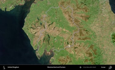 Westmorland ve Furness. Birleşik Krallık 'ın B uydusu görüntülerinde özetlenmiş idari alanı