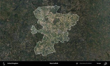 Batı Suffolk. Birleşik Krallık 'ın idari alanı karartılmış bir B uydusu görüntüsüyle vurgulanmış ve özetlenmiştir