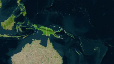 Papua Yeni Gine haritası. Sınır. Uydu. Etiketler