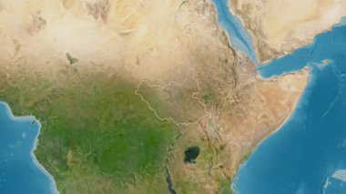 Güney Sudan haritası. Sınır. Uydu. Etiketler