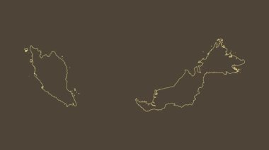 Malezya haritası - çizgi film. Bölgeler. Sepya.