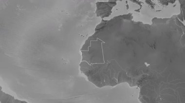 Moritanya haritası - yakınlaştır. Bölgeler. Gri Tonlama.