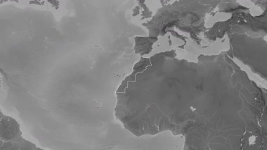 Batı Sahra haritalı Fas. Bölgeler. Gri tonlu. Etiketler