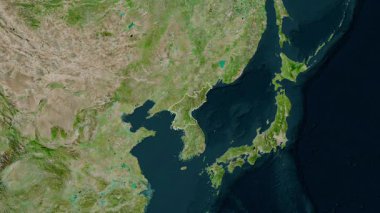 Kuzey Kore haritası. Bölgeler. Uydu. Etiketler