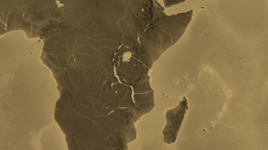 Tanzanya haritası - yakınlaştır. Bölgeler. Sepya.