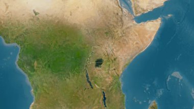 Uganda haritası - özet. Sınır. Uydu. Etiketler