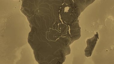 Zambiya haritası - çıkarma. Sınır. Sepia. Etiketler