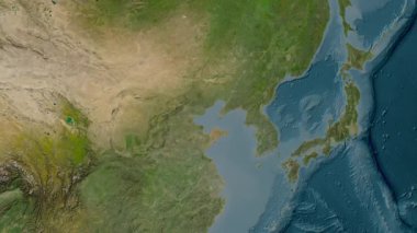 Bohai Denizi Bölgesi Patterson silindirik projeksiyonunda dünyanın uydu görüntü haritasının arka planında