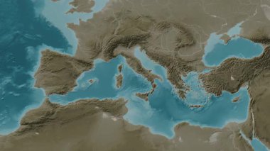 Tyrhenian Denizi. Sepya haritası. Patterson Silindiri. Diyagram