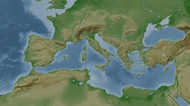 Tyrhenian Denizi. Soluk bir harita. Patterson Silindiri. Konum