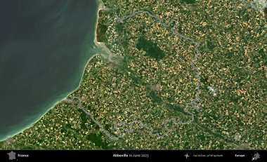 Abbeville 'de. Haziran 2023 'te çekilen Copernicus Sentinel karolarından oluşan bir uydu görüntüsünde Fransa' nın idari bölgesinin ana hatları belirlendi.