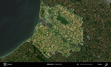 Abbeville 'de. Fransa 'nın idari alanı, Haziran 2023' te çekilen Kopernik Nöbetçi karolarından oluşan koyu renkli bir uydu görüntüsüyle vurgulandı ve özetlendi.