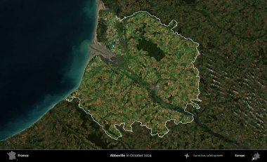 Abbeville 'de. Fransa 'nın idari alanı, Ekim 2024' te çekilen Kopernik Nöbetçi karolarından oluşan koyu renkli bir uydu görüntüsü üzerinde vurgulandı ve özetlendi.