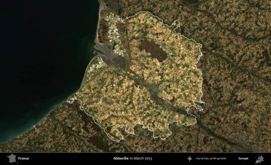 Abbeville 'de. Fransa 'nın idari alanı, Mart 2025' te çekilen Kopernik Sentinel karolarından oluşan koyu renkli bir uydu görüntüsü üzerinde vurgulandı ve özetlendi.