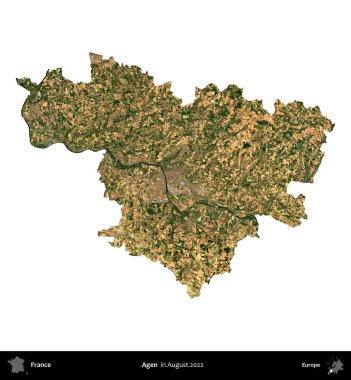 Agen. Fransa 'nın idari bölgesi, Ağustos 2022' de çekilen Kopernik Nöbetçi karolarından oluşan bir uydu görüntüsüyle beyaza izole edildi.