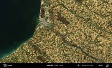 Abbeville 'de. Copernicus Sentinel 'in Mart 2025' te çekilmiş uydu görüntüsü üzerine Fransa 'nın idari bölgesi.