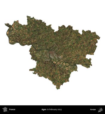 Agen. Fransa 'nın idari bölgesi, Şubat 2023' te çekilen Kopernik Nöbetçi karolarından oluşan bir uydu görüntüsüyle beyaza izole edildi.