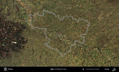 Agen. Copernicus Sentinel 'in Şubat 2023' te çekilen uydu görüntüsünde Fransa 'nın idari bölgesinin ana hatları belirlendi.