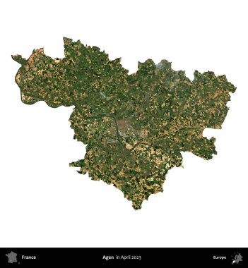 Agen. Fransa 'nın idari bölgesi, Nisan 2023' te çekilen Kopernik Nöbetçi karolarından oluşan bir uydu görüntüsüyle beyaza izole edildi.