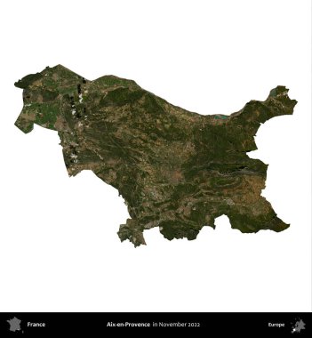 Aix-en-Provence. Fransa 'nın idari bölgesi, Kasım 2022' de çekilen Kopernik Nöbetçi karolarından oluşan uydu görüntüsüyle beyaza izole edildi.