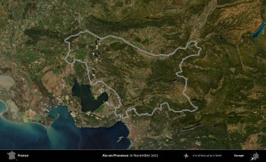 Aix-en-Provence. Copernicus Sentinel 'in Kasım 2022' de çekilen uydu görüntüsünde Fransa 'nın idari bölgesinin ana hatları belirlendi.