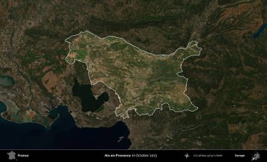 Aix-en-Provence. Fransa 'nın idari alanı, Ekim 2023' te çekilen Kopernik Nöbetçi karolarından oluşan koyu renkli bir uydu görüntüsü üzerinde vurgulandı ve özetlendi.