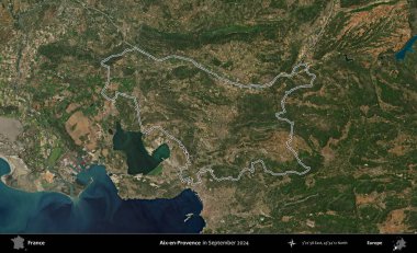Aix-en-Provence. Eylül 2024 'te çekilen Copernicus Sentinel karolarından oluşan bir uydu görüntüsünde Fransa' nın idari bölgesinin ana hatlarını çizdim.