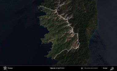 Ajaccio. Fransa 'nın idari alanı, Nisan 2022' de çekilen Kopernik Nöbetçi karolarından oluşan koyu renkli bir uydu görüntüsü üzerinde vurgulandı ve özetlendi.