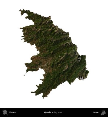 Ajaccio. Fransa 'nın idari bölgesi, Temmuz 2022' de çekilen Kopernik Nöbetçi karolarından oluşan bir uydu görüntüsüyle beyaza izole edildi.