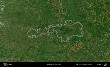 Alencon. Mayıs 2018 'de çekilen Copernicus Sentinel karolarından oluşan bir uydu görüntüsünde Fransa' nın idari bölgesinin ana hatlarını çizdim.