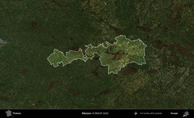 Alencon. Fransa 'nın idari alanı, Mart 2020' de çekilen Kopernik Nöbetçi karolarından oluşan koyu renkli bir uydu görüntüsü üzerinde vurgulandı ve özetlendi.