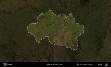 Allier. Fransa 'nın idari alanı, Şubat 2022' de çekilen Kopernik Sentinel karolarından oluşan koyu renkli bir uydu görüntüsü üzerinde vurgulandı ve özetlendi.