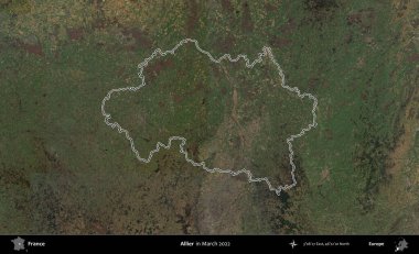 Allier. Mart 2022 'de çekilen Copernicus Sentinel karolarından oluşan bir uydu görüntüsünde Fransa' nın idari bölgesinin ana hatları belirlendi.