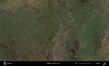 Allier. Copernicus Sentinel 'in Mart 2022' de çekilmiş uydu görüntüsü üzerine Fransa 'nın idari bölgesi.