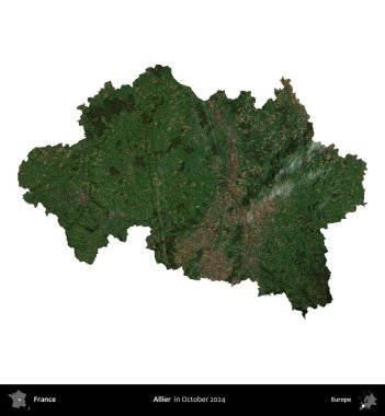 Allier. Fransa 'nın idari bölgesi, Ekim 2024' te çekilen Kopernik Nöbetçi karolarından oluşan uydu görüntüsüyle beyaza izole edildi.