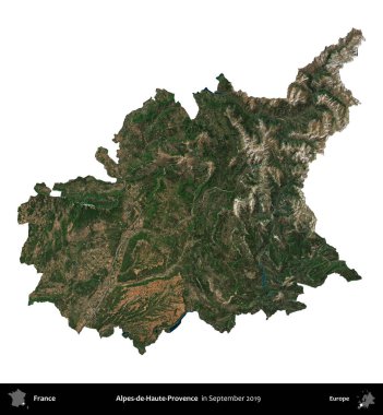 Alpes-de-Haute-Provence. Fransa 'nın idari bölgesi, Eylül 2019' da çekilen Kopernik Nöbetçi karolarından oluşan uydu görüntüsüyle beyaza izole edildi.