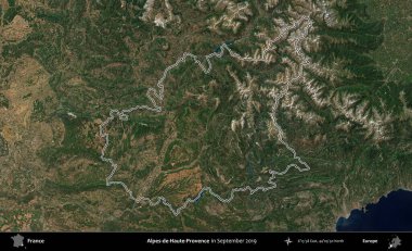 Alpes-de-Haute-Provence. Eylül 2019 'da çekilen Copernicus Sentinel karolarından oluşan bir uydu görüntüsünde Fransa' nın idari bölgesinin ana hatlarını çizdim.
