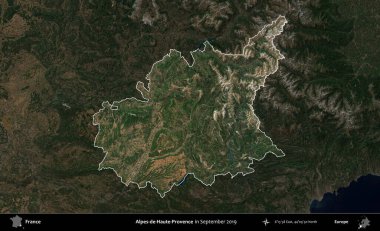 Alpes-de-Haute-Provence. Fransa 'nın idari alanı, Eylül 2019' da çekilen Kopernik Nöbetçi karolarından oluşan koyu renkli bir uydu görüntüsü üzerinde vurgulandı ve özetlendi.