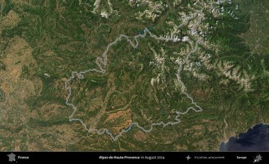 Alpes-de-Haute-Provence. Copernicus Sentinel 'in Ağustos 2024' te çekilen uydu görüntüsünde Fransa 'nın idari bölgesinin ana hatları belirlendi.