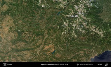 Alpes-de-Haute-Provence. Copernicus Sentinel 'in Ağustos 2024' te çekilmiş uydu görüntüsü üzerine Fransa 'nın idari bölgesi.